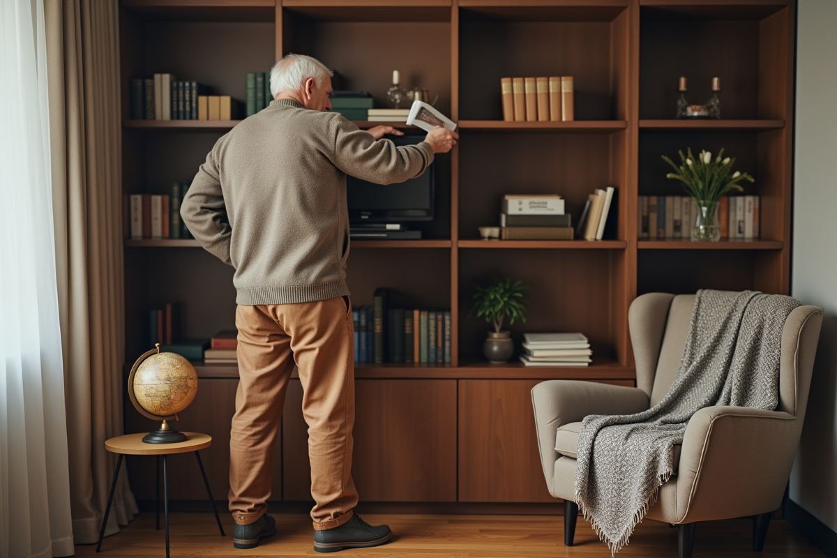 Homme âgé choisissant un livre dans un coin lecture cosy