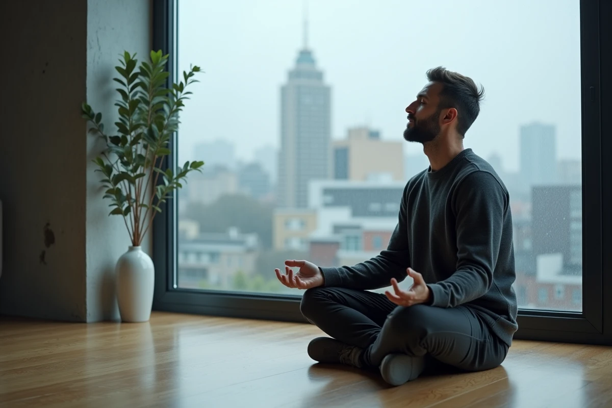 Homme en méditation près d'une fenêtre sous la pluie dans un appartement minimaliste, évoquant la protection et l'introspection du nombre angélique 1441