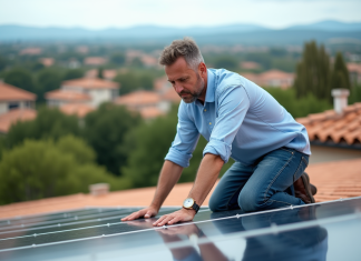 Autoconsommation solaire : quelle puissance de panneau choisir pour son installation ? Homme mesurant un panneau solaire sur un toit en tuiles