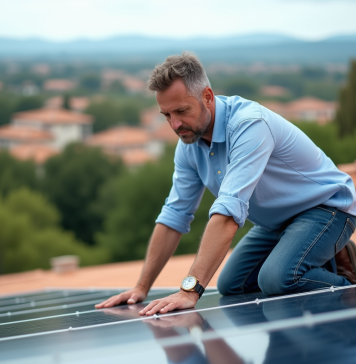 Autoconsommation solaire : quelle puissance de panneau choisir pour son installation ? Homme mesurant un panneau solaire sur un toit en tuiles