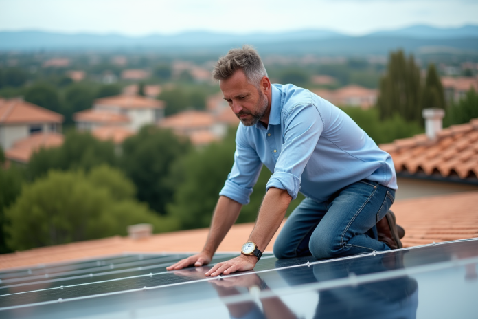 homme-mesure-panneau-solaire Homme mesurant un panneau solaire sur un toit en tuiles