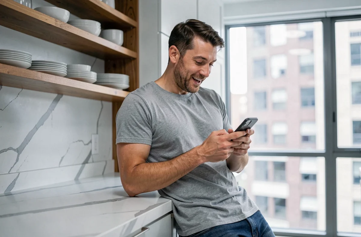 Homme consultant son téléphone pour des dés gratuits Monopoly GO dans une cuisine moderne