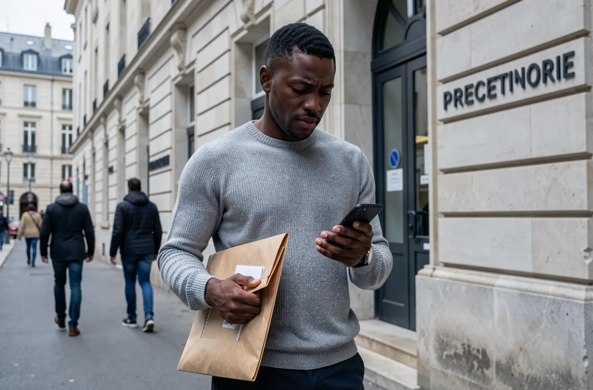 Homme devant une préfecture française tenant des documents de demande de naturalisation
