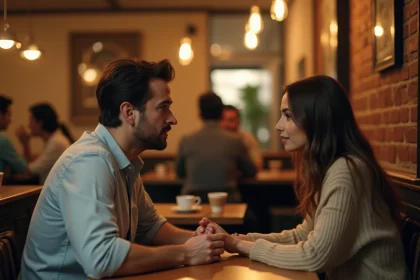 Un homme se confie à une femme dans un café, regard sincère et vulnérable lors d'une conversation intime