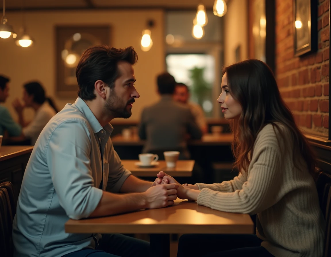 Un homme se confie à une femme dans un café, regard sincère et vulnérable lors d'une conversation intime
