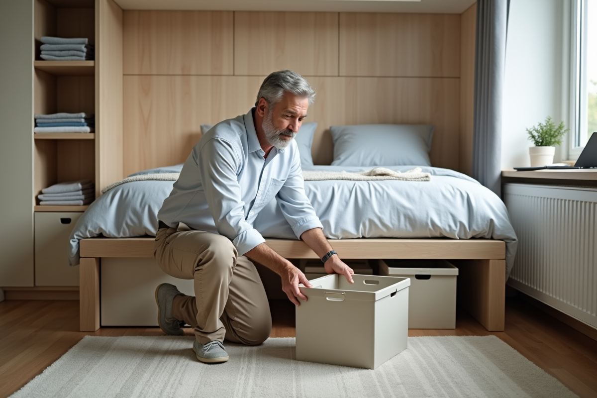 Homme plie des vêtements et range sous le lit dans une chambre