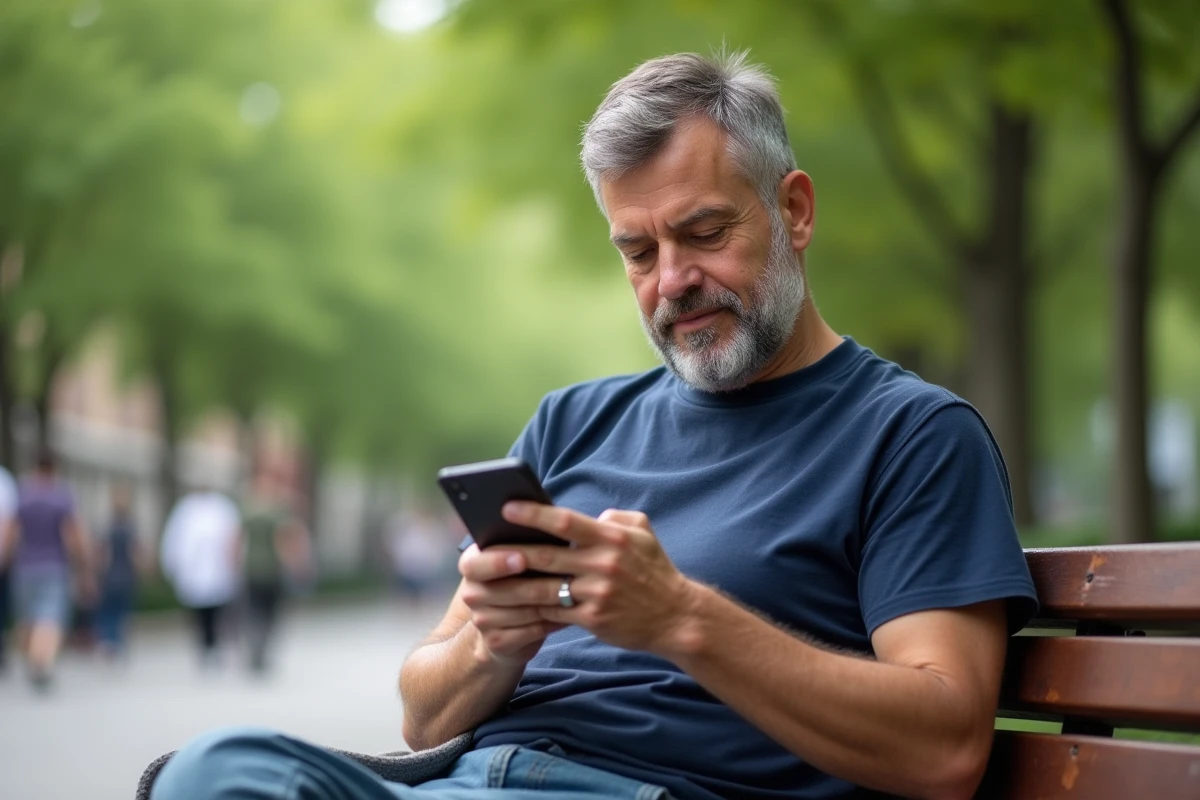Homme détendu regardant son smartphone dans un parc