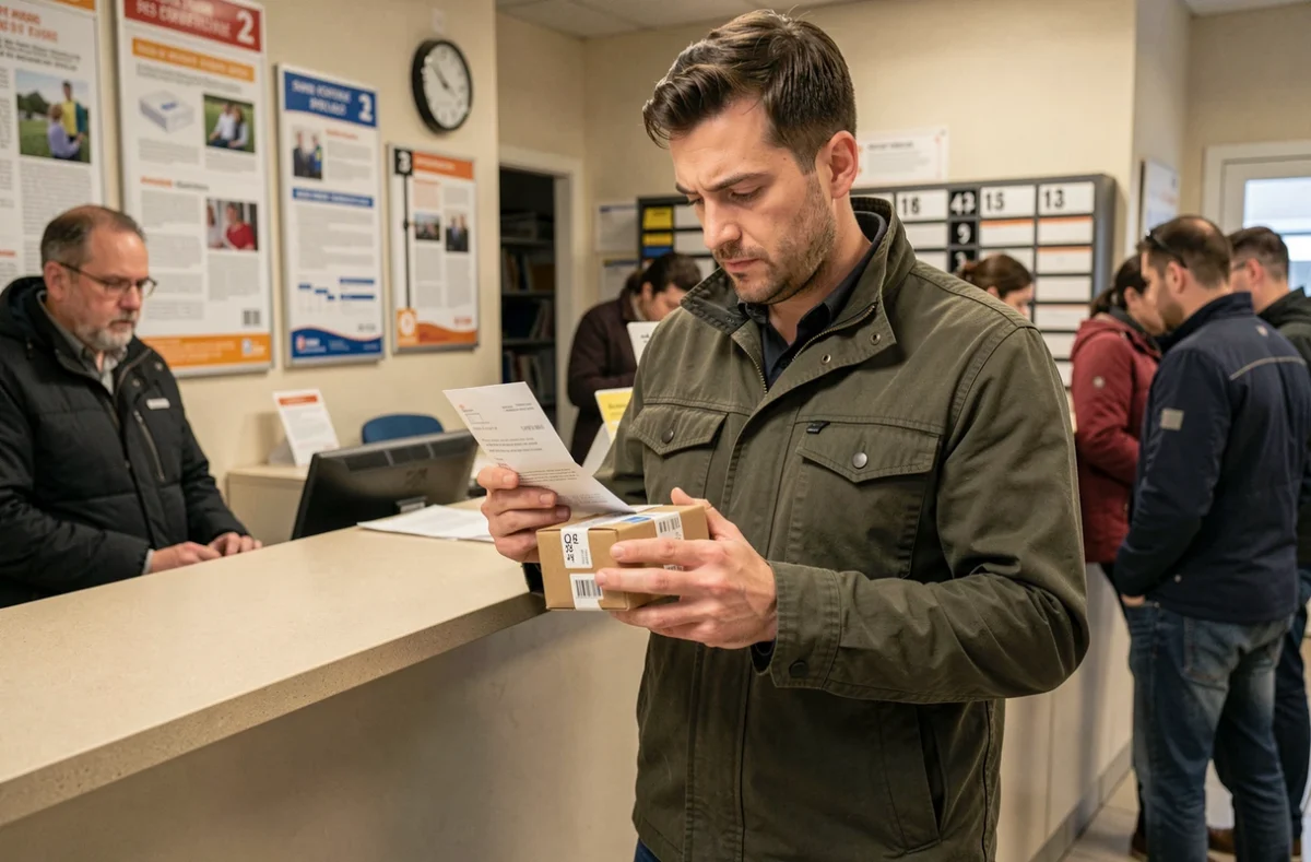 Homme récupérant un colis en attente au bureau de poste avec un avis de passage Vinted