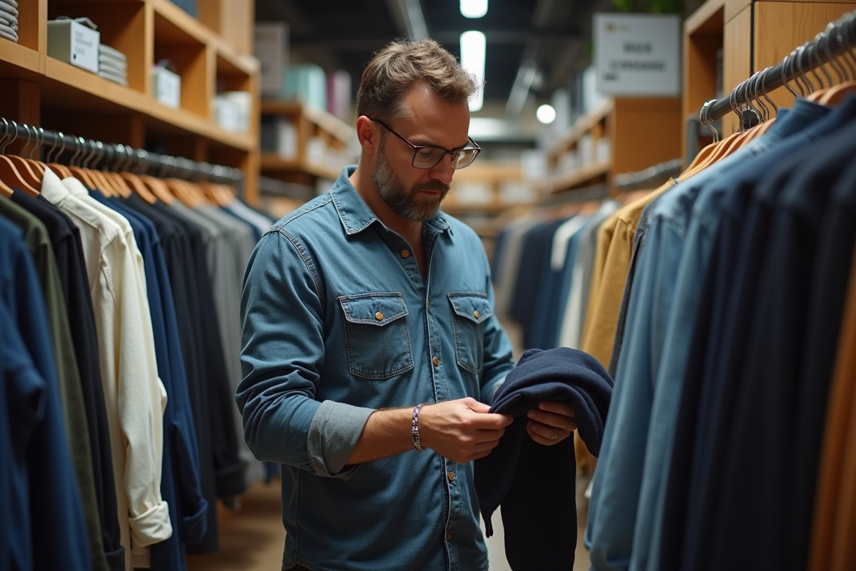 Homme comparant les prix de vêtements dans un magasin