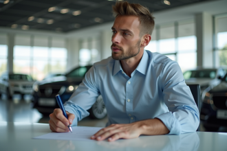 Homme signant un contrat dans un showroom automobile