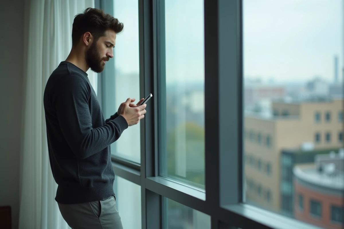 Homme consultant son smartphone près d'une fenêtre urbaine, illustrant la navigation dans les flux d'informations et les rumeurs numériques circulant en ligne
