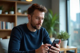 Homme dans la trentaine consultant son smartphone à son bureau, l'air pensif face aux tendances des réseaux sociaux en 2026