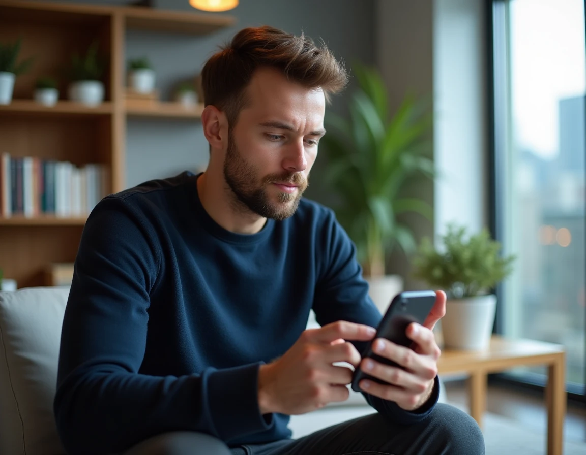 Homme dans la trentaine consultant son smartphone à son bureau, l'air pensif face aux tendances des réseaux sociaux en 2026