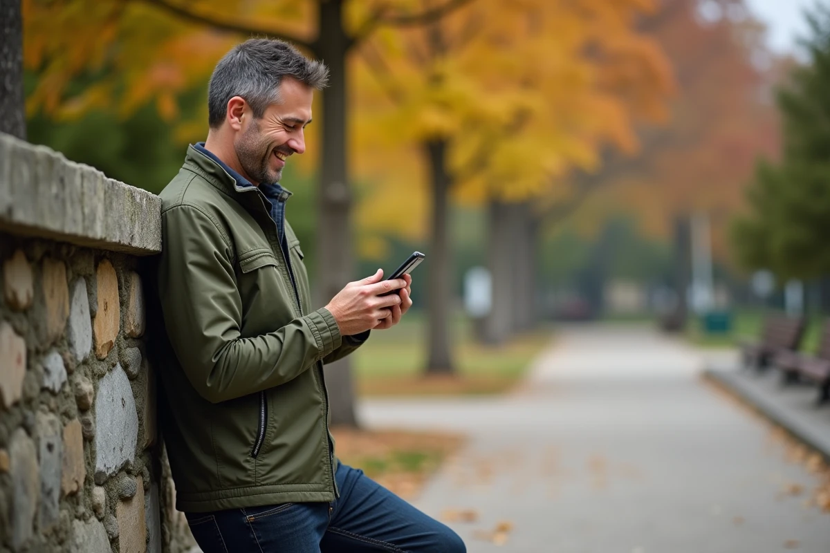 Homme souriant en regardant une citation inspirante sur son téléphone dans un parc en automne