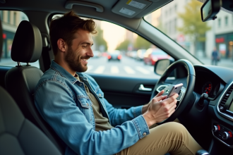 Homme souriant dans une voiture urbaine avec smartphone