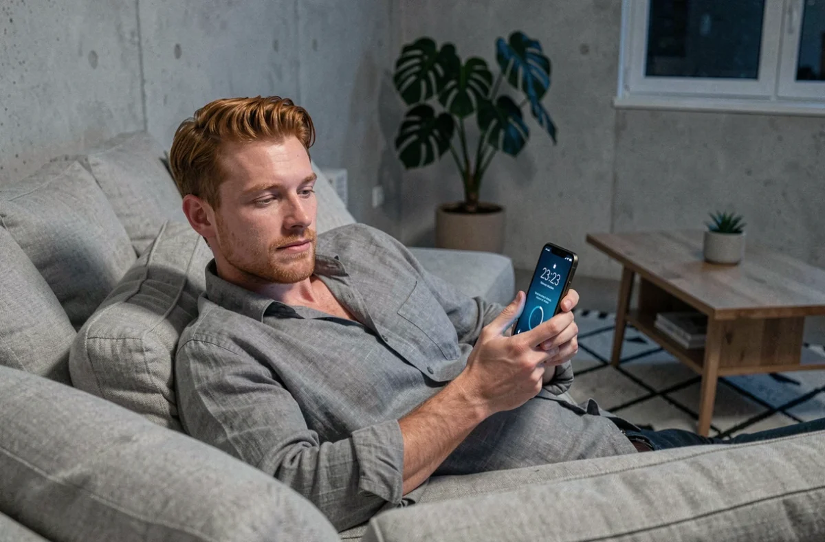 Homme allongé sur un canapé regardant son téléphone affichant 23h23, moment de synchronicité et de prise de conscience nocturne