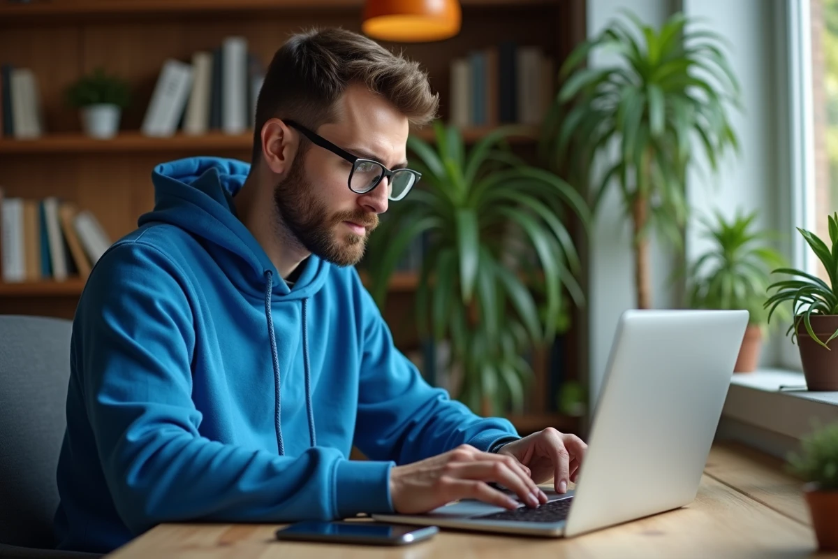 Homme concentré sur son ordinateur portable à la maison