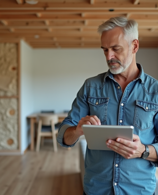 Homme vérifiant un certificat énergétique sur une tablette dans un salon rénové