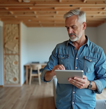 Optimisation DPE : Comment gagner des points de performance énergétique ? Homme vérifiant un certificat énergétique sur une tablette dans un salon rénové