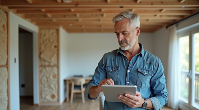 Homme vérifiant un certificat énergétique sur une tablette dans un salon rénové