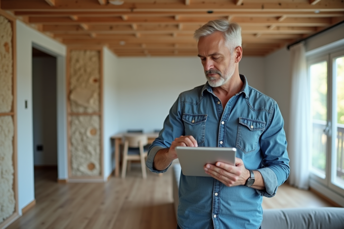 Homme vérifiant un certificat énergétique sur une tablette dans un salon rénové