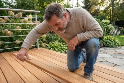 Homme vérifiant la qualité du bois pour une terrasse