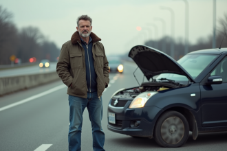Homme d'âge moyen vérifiant le moteur d'une voiture en panne sur l'accotement