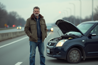 Homme d'âge moyen vérifiant le moteur d'une voiture en panne sur l'accotement