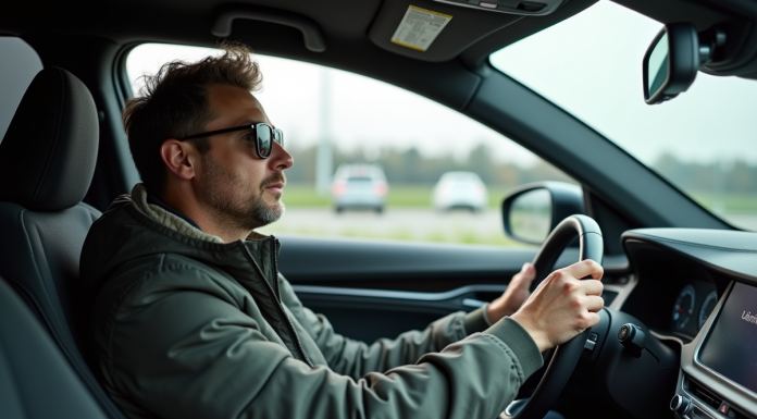 Homme en voiture hybride regardant le tableau de bord
