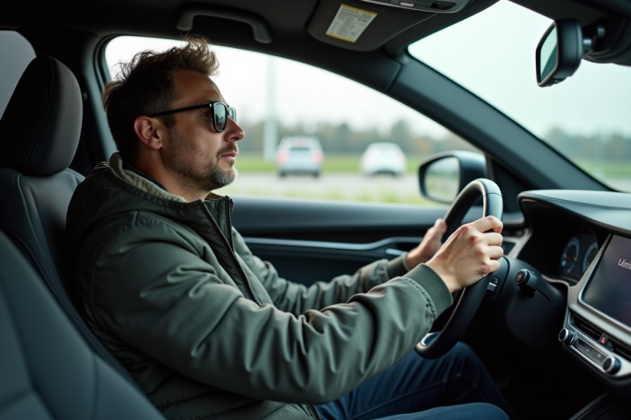 Homme en voiture hybride regardant le tableau de bord