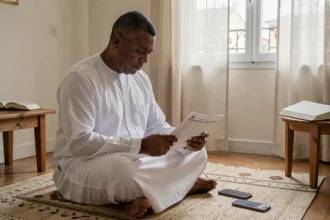 Homme consultant les horaires de prière du Ramadan sur smartphone et document imprimé à Montpellier