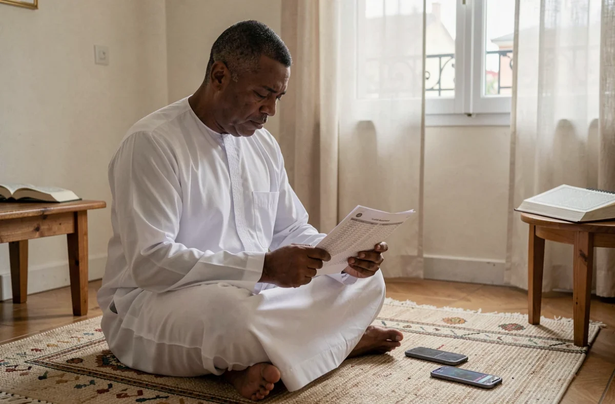 Homme consultant les horaires de prière du Ramadan sur smartphone et document imprimé à Montpellier