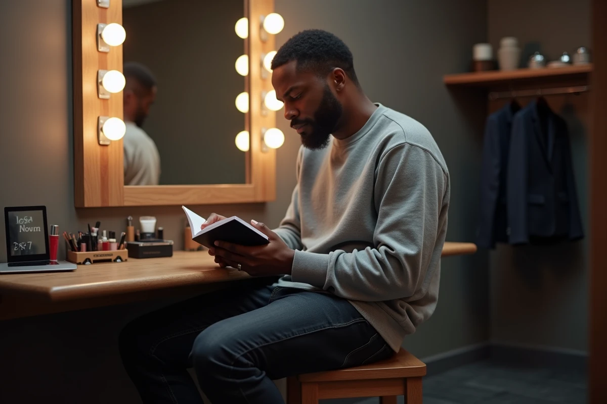 Humoriste homme noir en coulisses préparant son spectacle, assis avec un carnet de notes dans une loge de théâtre