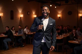Humoriste homme noir sur scène dans un club de comédie, tenant un microphone avec une expression naturelle et engagée
