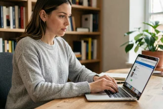 Femme cherchant à identifier un numéro de téléphone inconnu en tapant le numéro sur un ordinateur portable
