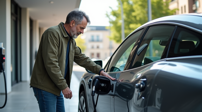 Ingénieur homme examine moteur d'une voiture hydrogene en ville