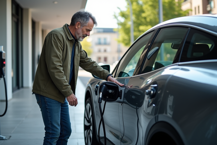 ingenieur-hydrogene-voiture-urbaine Ingénieur homme examine moteur d'une voiture hydrogene en ville