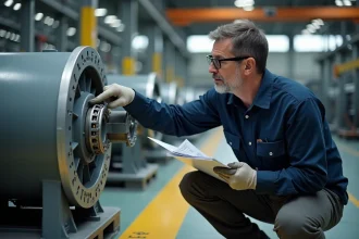Ingénieur électricien inspectant un moteur synchrone industriel dans une usine de fabrication, avec schéma de câblage