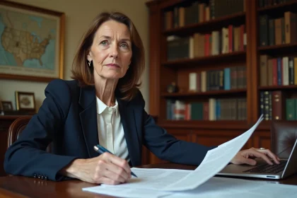 Femme politique dans les années 60 travaillant dans un bureau parisien rempli de livres, illustrant l'engagement politique et la vie quotidienne d'Ingrid Betancourt