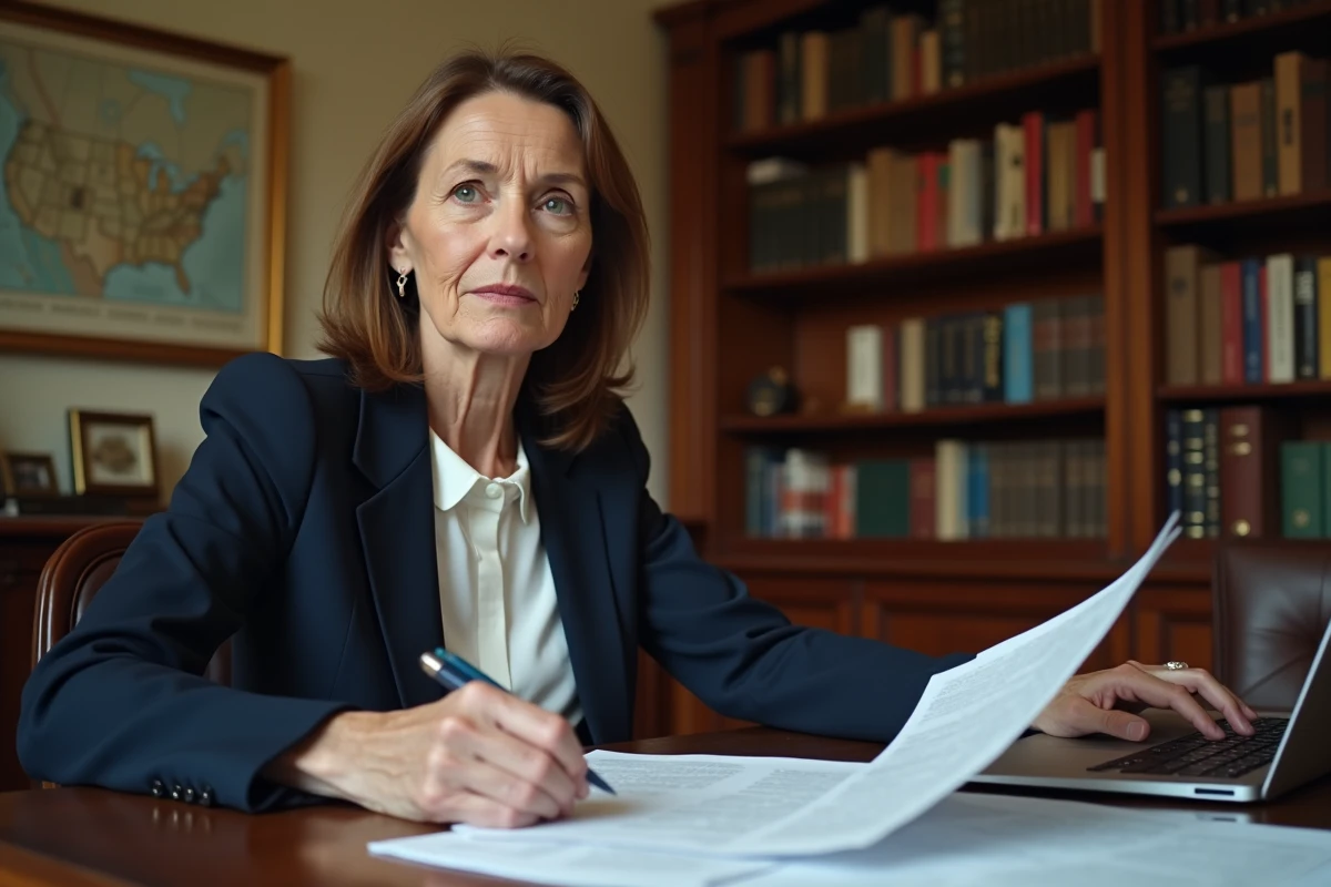 Femme politique dans les années 60 travaillant dans un bureau parisien rempli de livres, illustrant l'engagement politique et la vie quotidienne d'Ingrid Betancourt