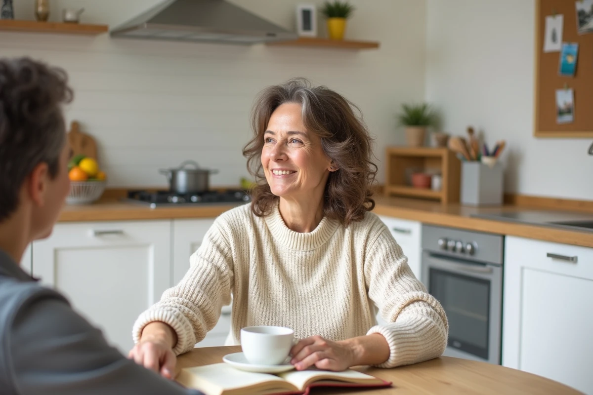 Femme souriante en pull crème assise dans une cuisine moderne lors d'un moment de vie familiale, illustrant l'équilibre entre vie privée et engagement public d'Ingrid Betancourt