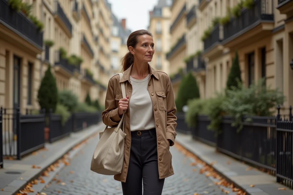 Femme dans la soixantaine marchant dans une rue résidentielle parisienne en automne, évoquant la vie quotidienne et l'environnement familial d'Ingrid Betancourt à Paris