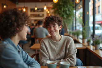 Jeune adulte nonbinaire souriant dans un café chaleureux