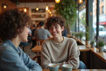 Jeune adulte nonbinaire souriant dans un café chaleureux