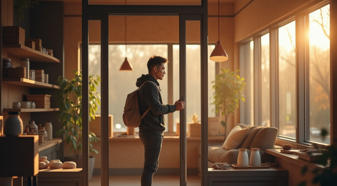 Jeune entrepreneur ouvrant sa boutique le matin avec lumière naturelle