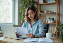 Jeune femme au bureau examinant ses rapports de paie