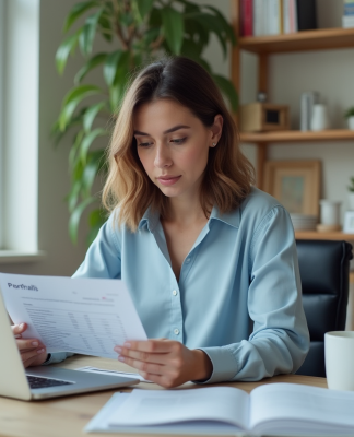Jeune femme au bureau examinant ses rapports de paie
