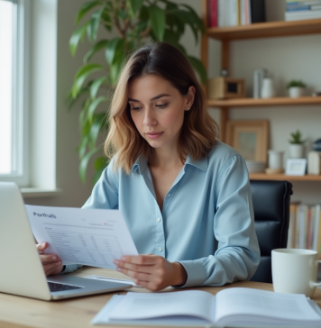 Comparatif 2025 : les meilleurs logiciels de paie gratuits disponibles en ligne Jeune femme au bureau examinant ses rapports de paie