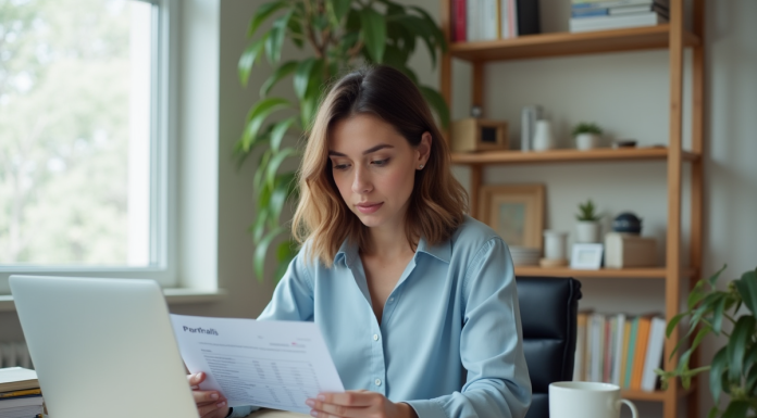 Jeune femme au bureau examinant ses rapports de paie
