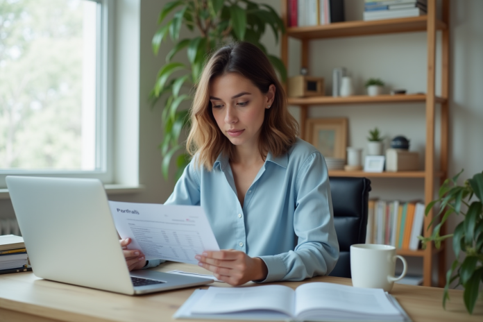Jeune femme au bureau examinant ses rapports de paie